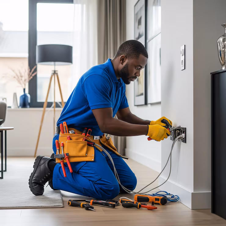 skilled black electrician kneeling wall socket working with tools modern interior room 466984 340